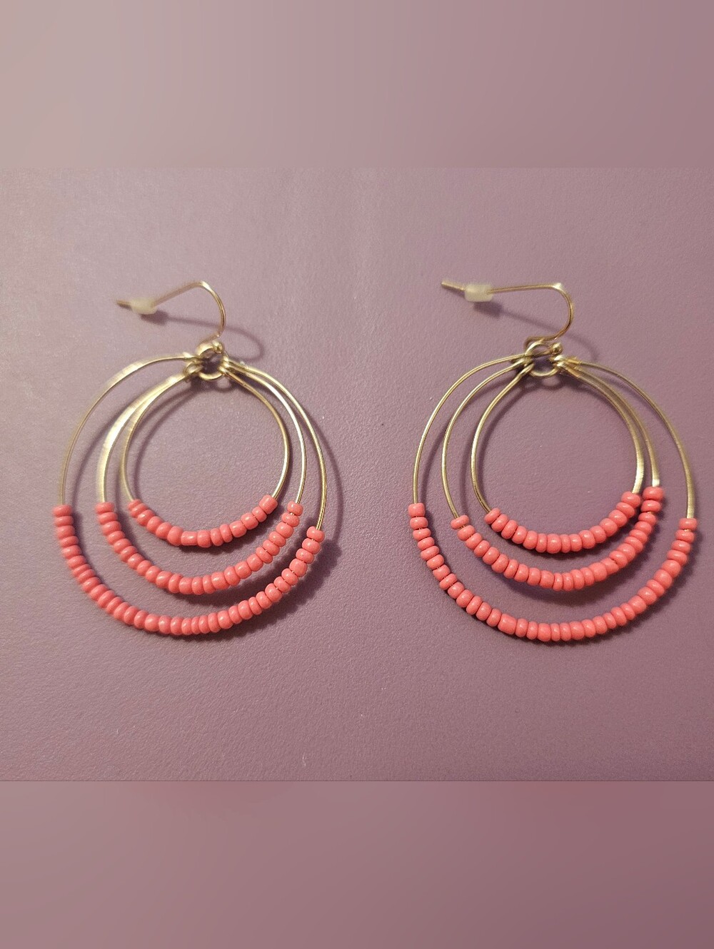 Gold Hoop Dangle Earrings with Coral Beads